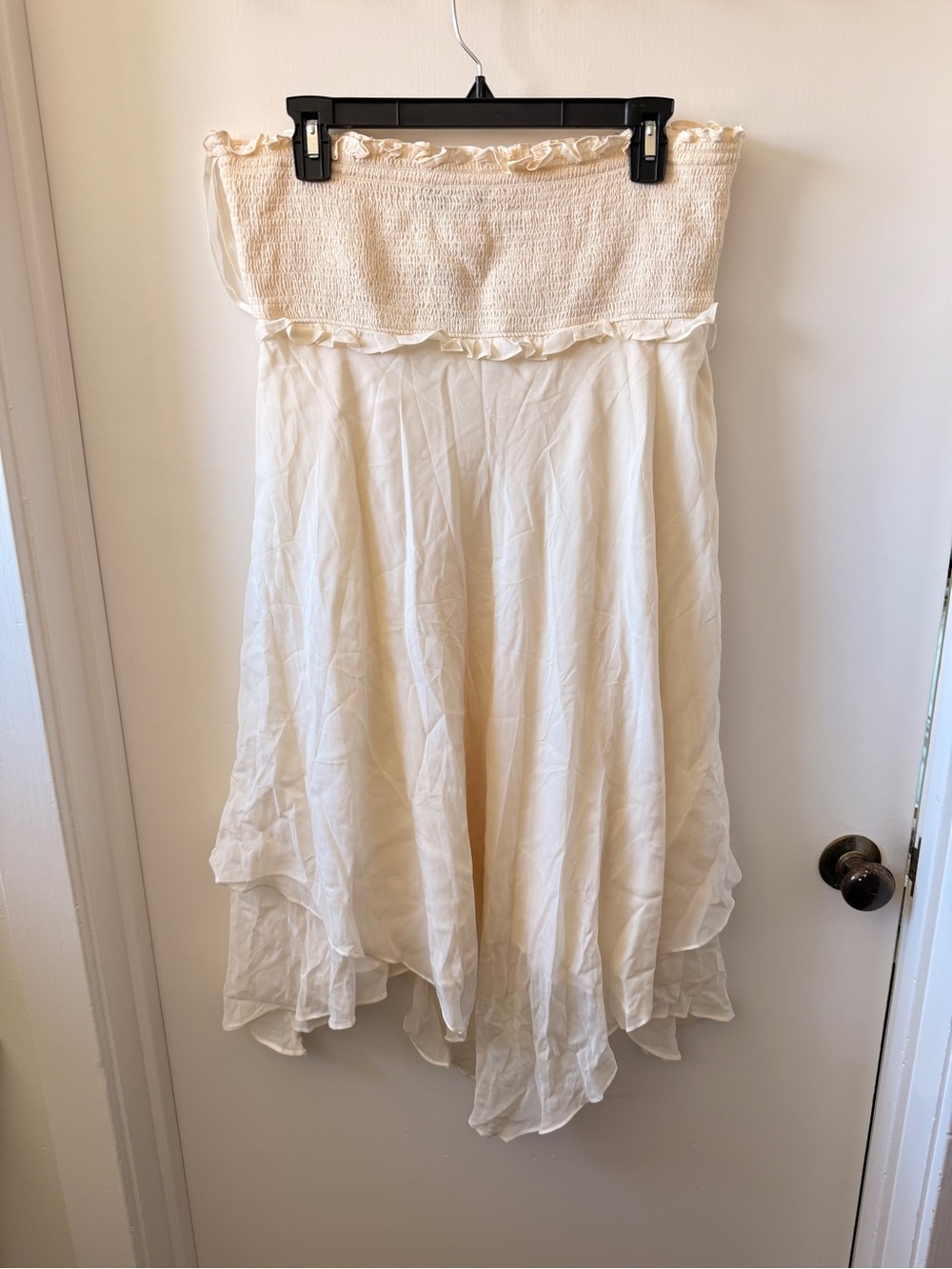 NWT BCBGMAXAZRIA Cream Strapless Midi Dress, Chiffon Handkerchief Hem, Boho L